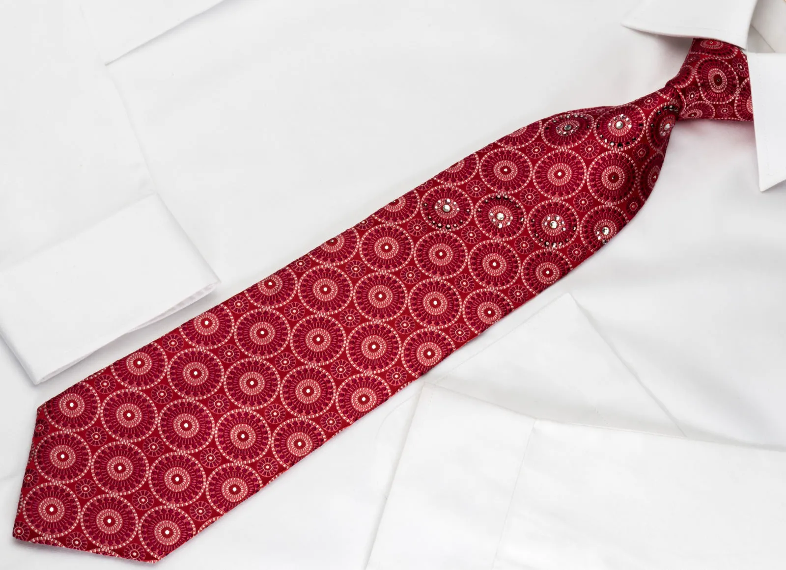 Pierre Cardin Silk Rhinestone Necktie Medallions On Red With Silver Sparkles