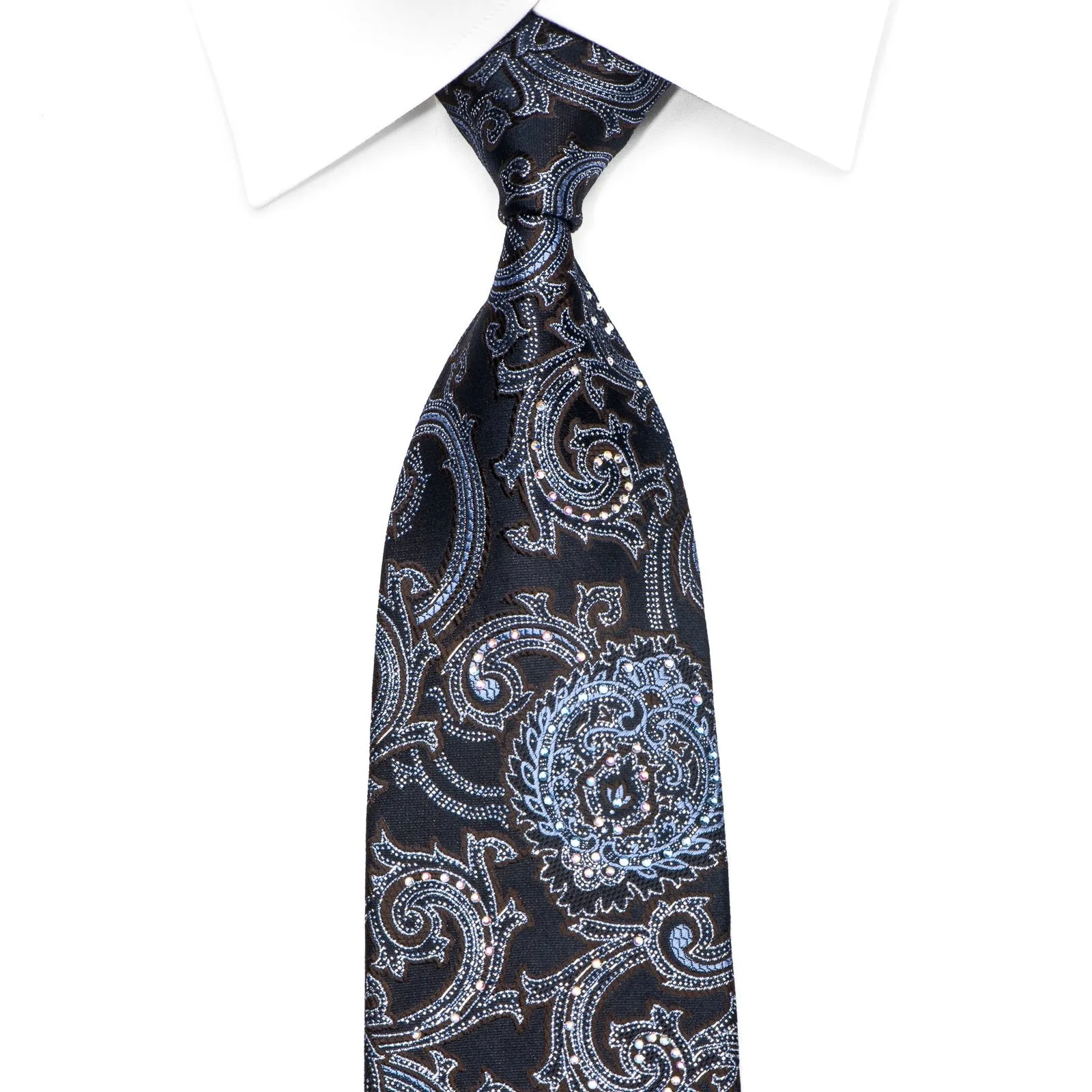 Premierlux Men's Silk Necktie Acanthus On Navy Sparkling With Rhinestones