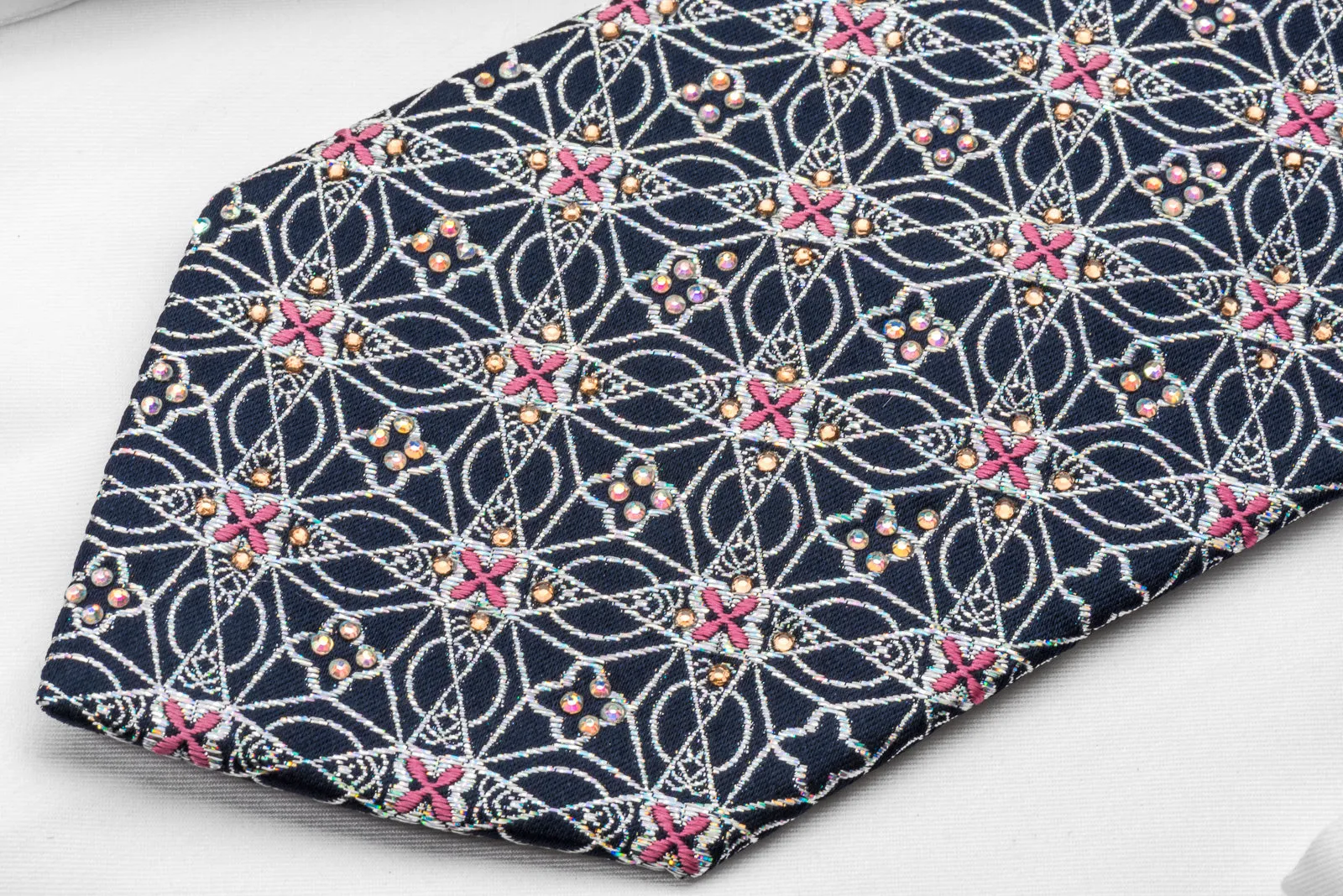 Premierlux Silk Rhinestone Bling Necktie Sparkling Silver Trellis On Dark Blue