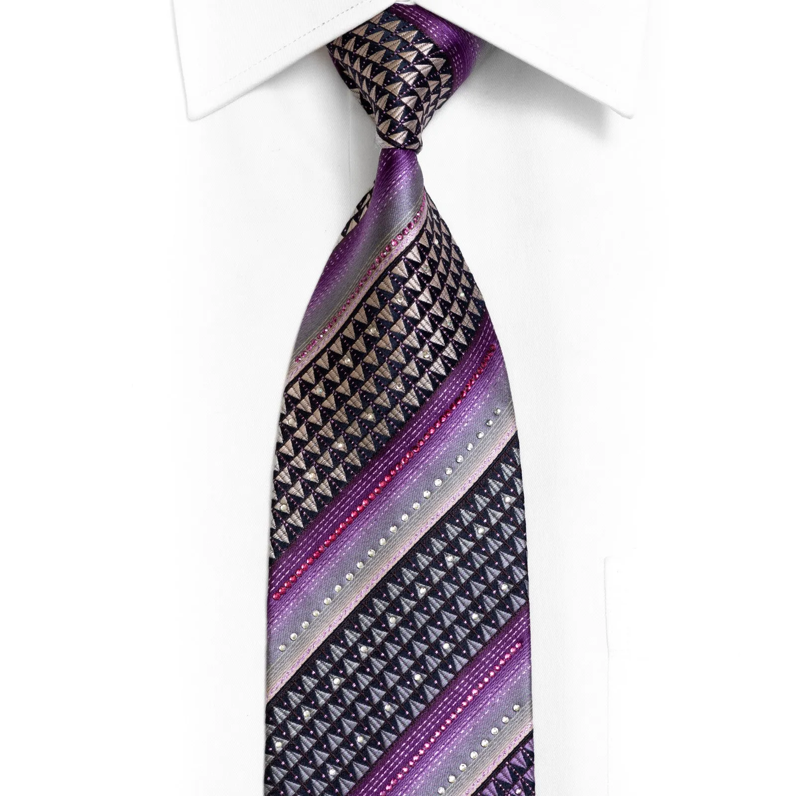 Purple Silver Striped & Geometric On Navy Rhinestone Silk Necktie With Sparkles