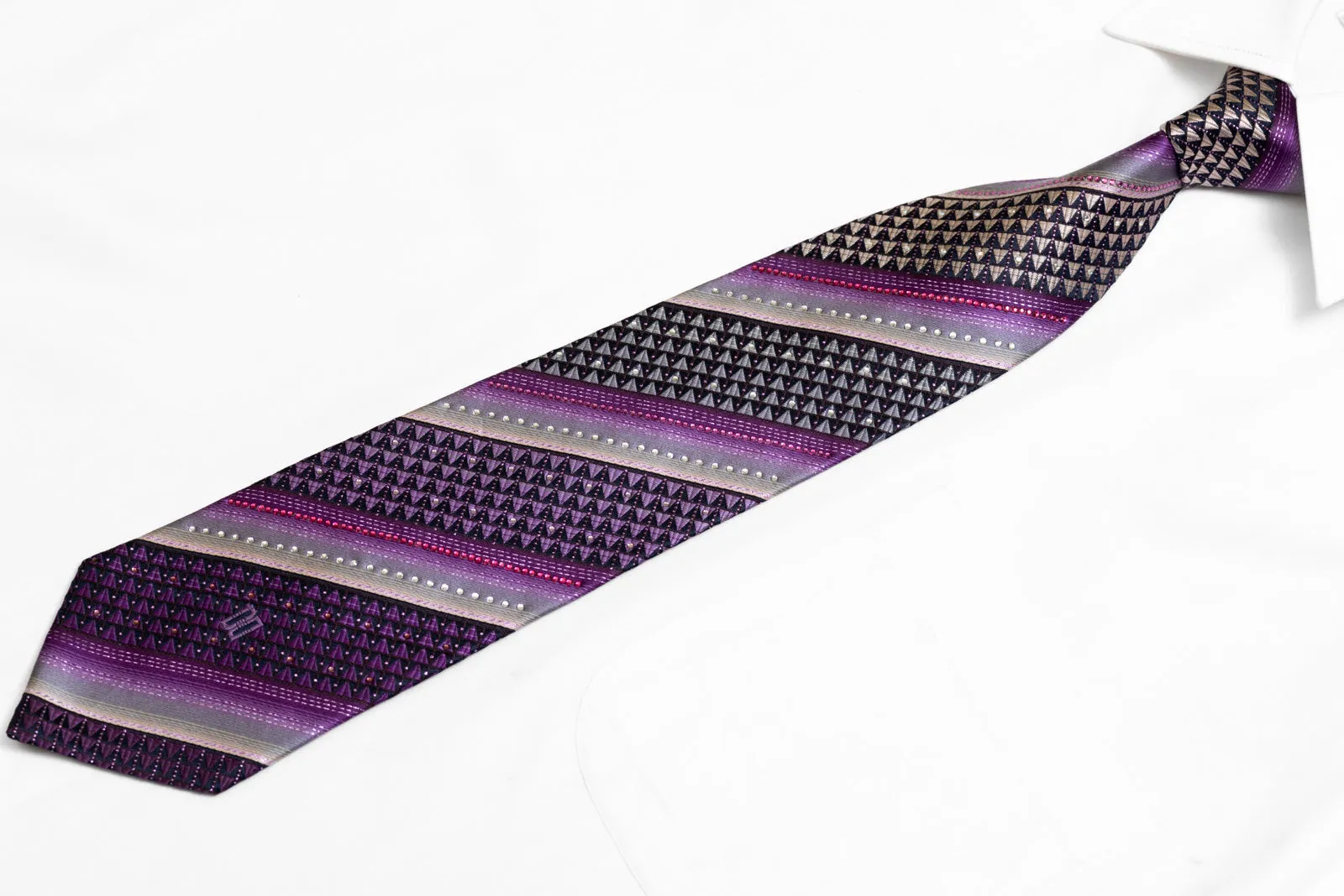 Purple Silver Striped & Geometric On Navy Rhinestone Silk Necktie With Sparkles