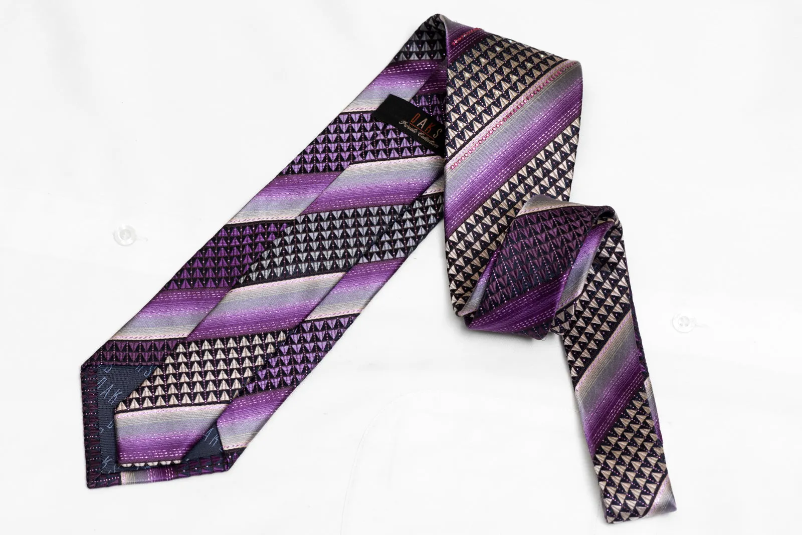 Purple Silver Striped & Geometric On Navy Rhinestone Silk Necktie With Sparkles