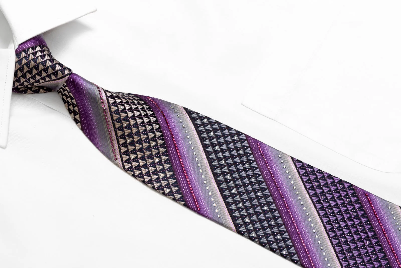 Purple Silver Striped & Geometric On Navy Rhinestone Silk Necktie With Sparkles