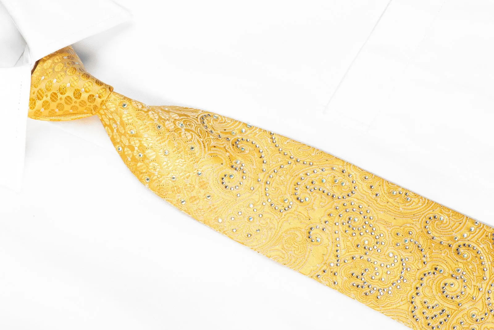 Remizio Mens Silk Tie Paisley On Yellow With Gold Sparkles