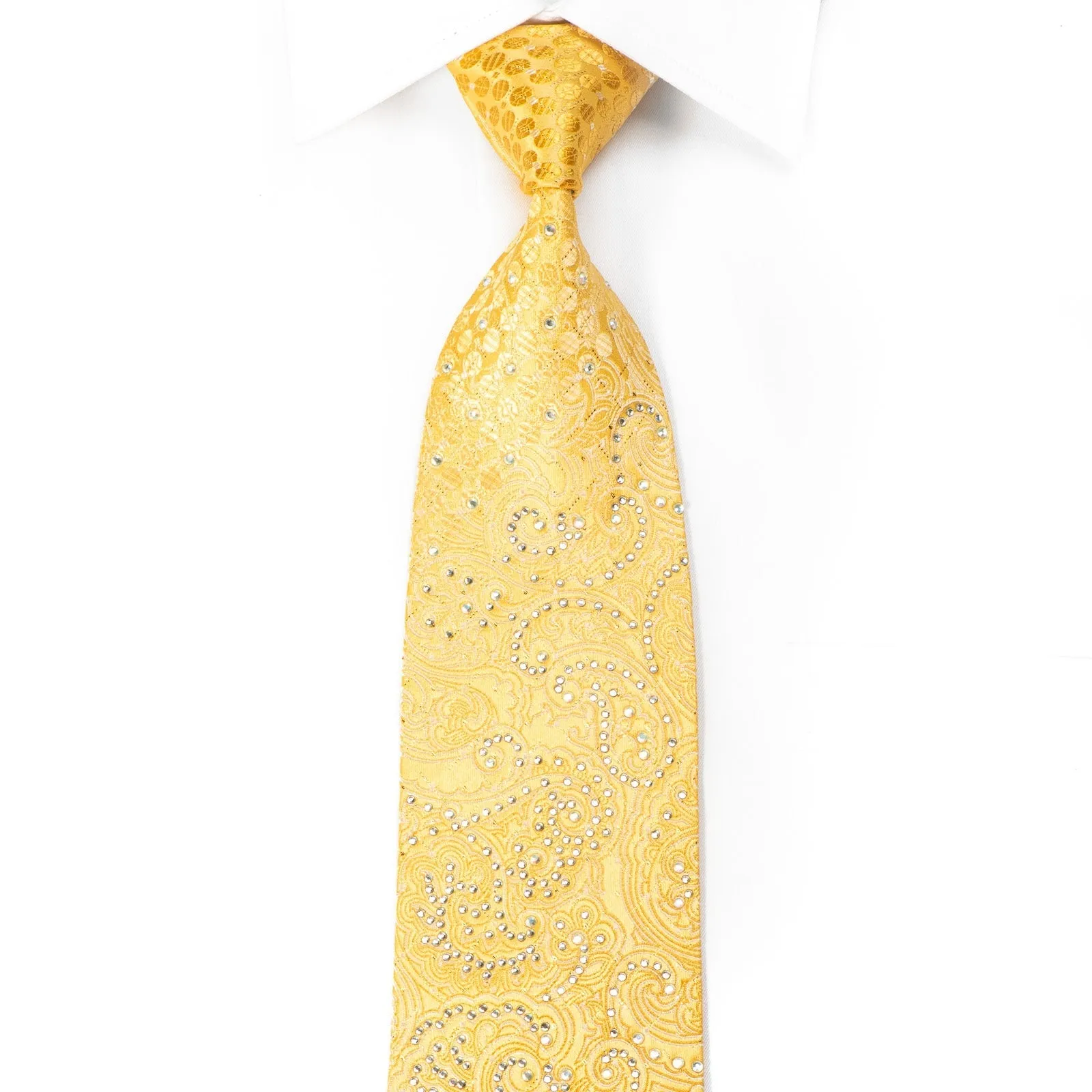 Remizio Mens Silk Tie Paisley On Yellow With Gold Sparkles