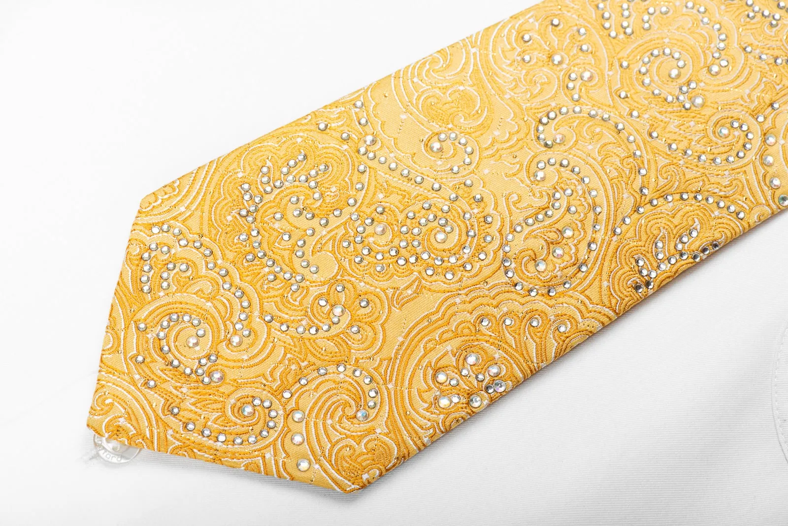 Remizio Mens Silk Tie Paisley On Yellow With Gold Sparkles