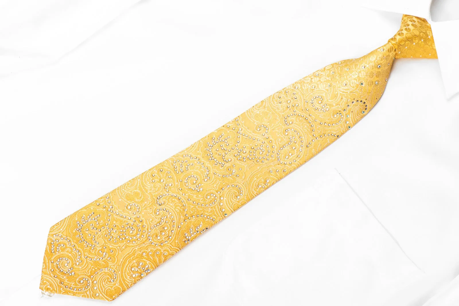 Remizio Mens Silk Tie Paisley On Yellow With Gold Sparkles