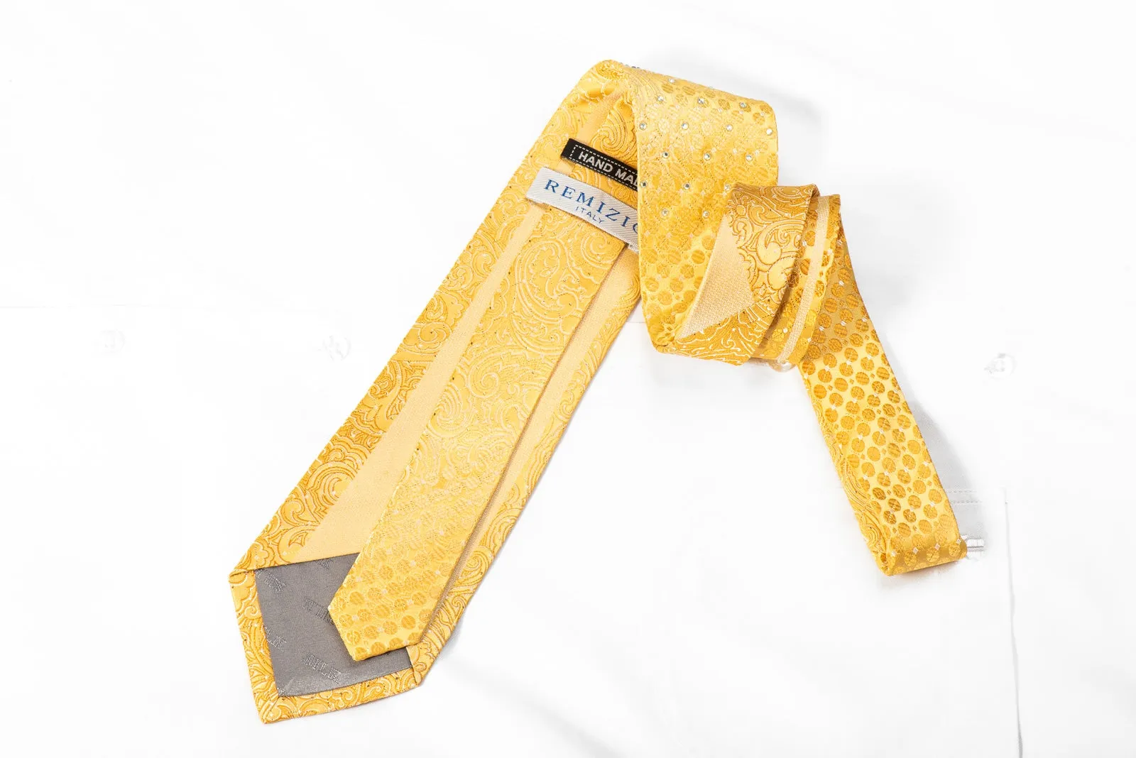 Remizio Mens Silk Tie Paisley On Yellow With Gold Sparkles