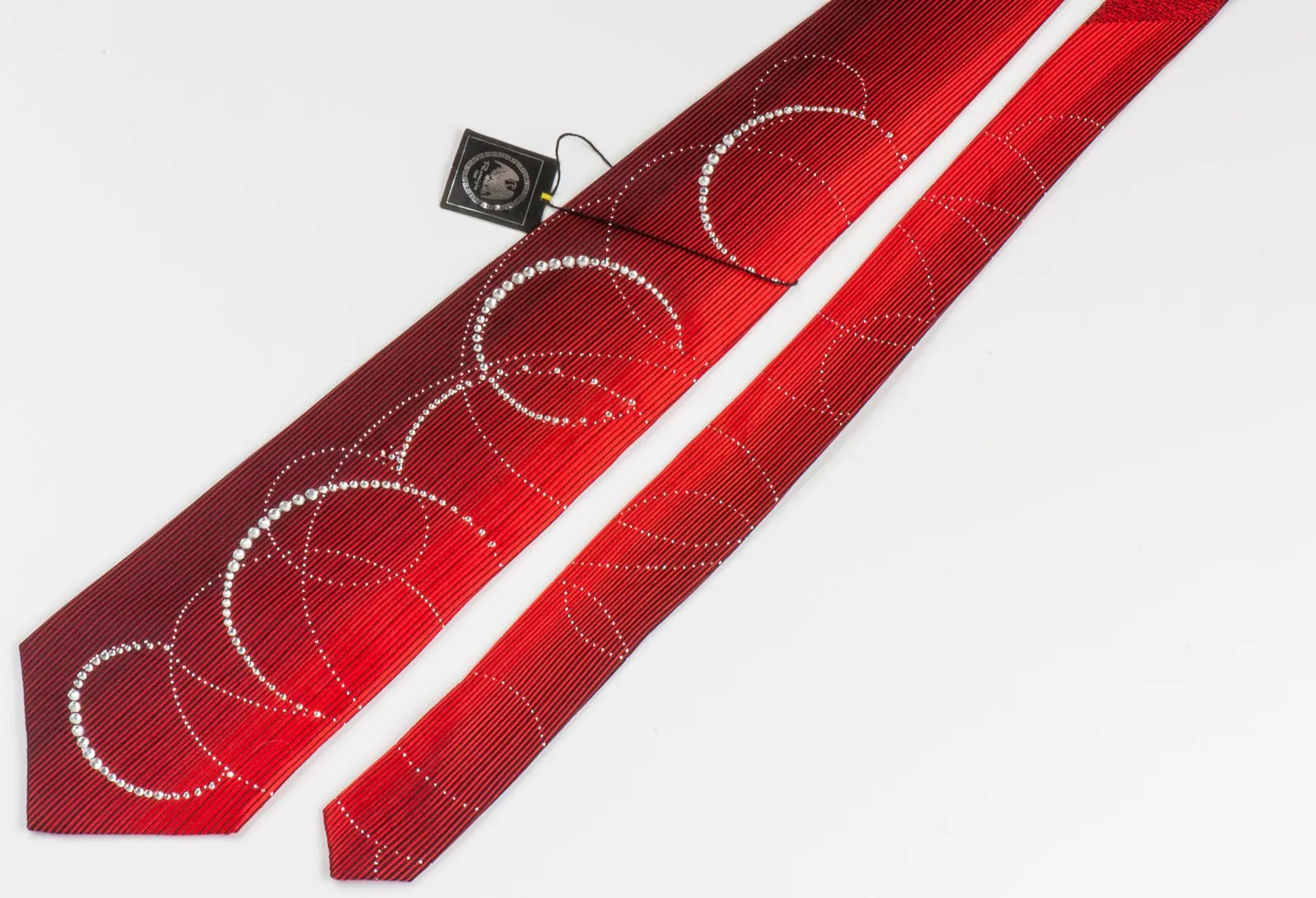 Remizio Rhinestone Tie Woven Silk Black Red Vertical Stripes With Silver Sparkles