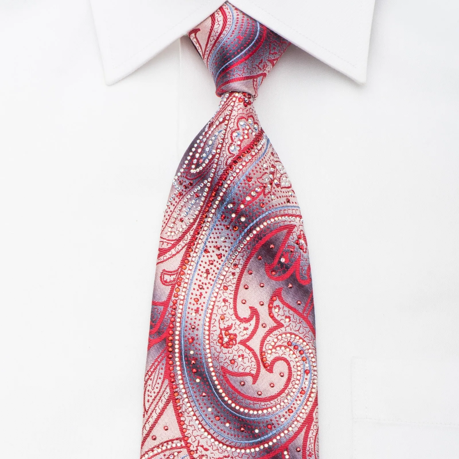 Renoma Men's Rhinestone Necktie Red Paisley On Silver With Sparkles