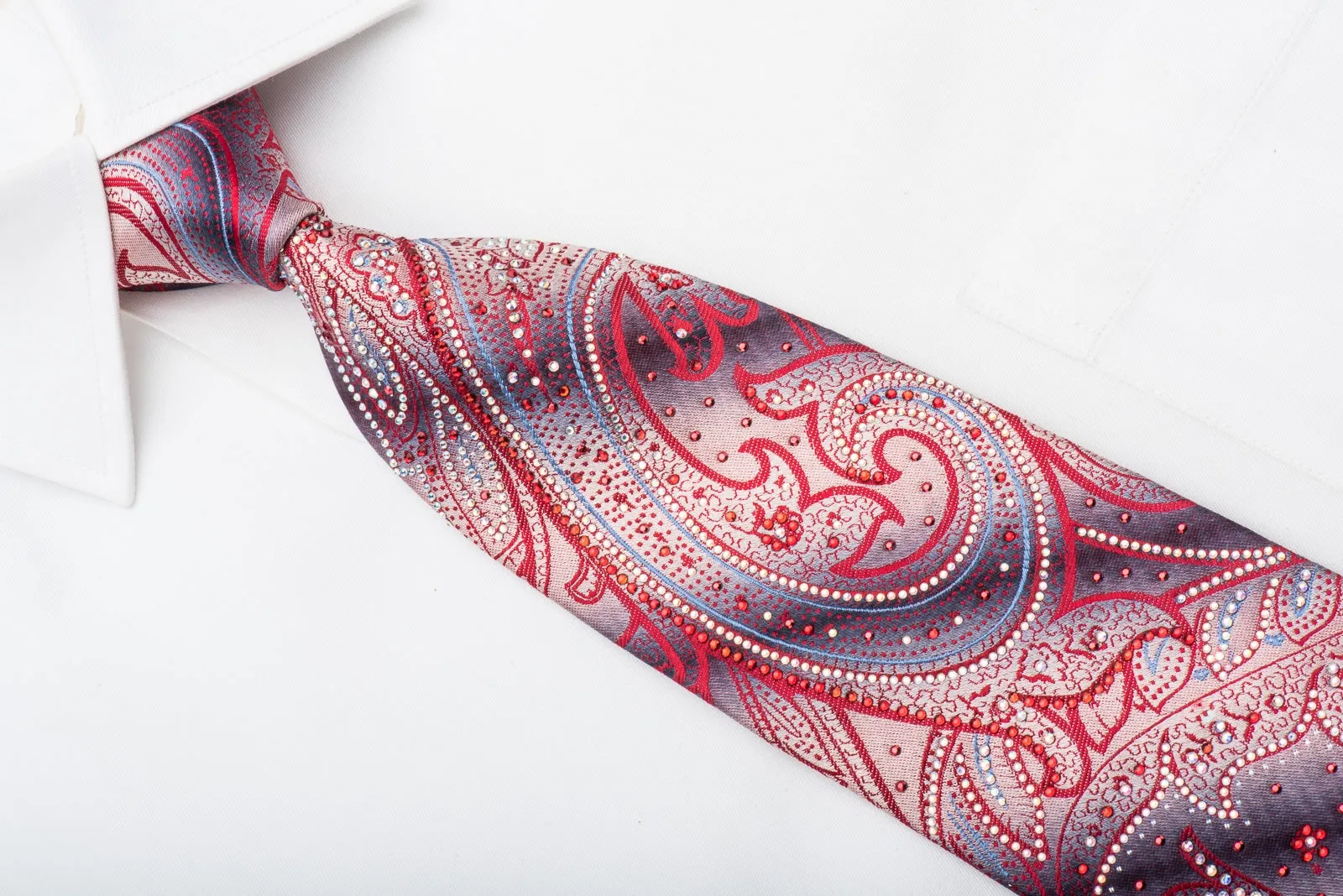 Renoma Men's Rhinestone Necktie Red Paisley On Silver With Sparkles