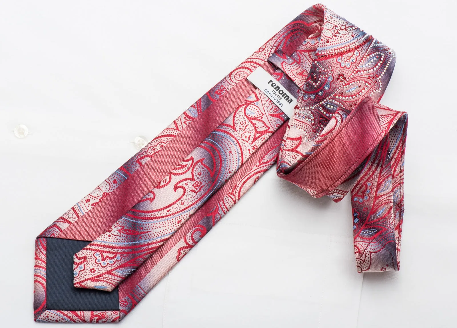 Renoma Men's Rhinestone Necktie Red Paisley On Silver With Sparkles