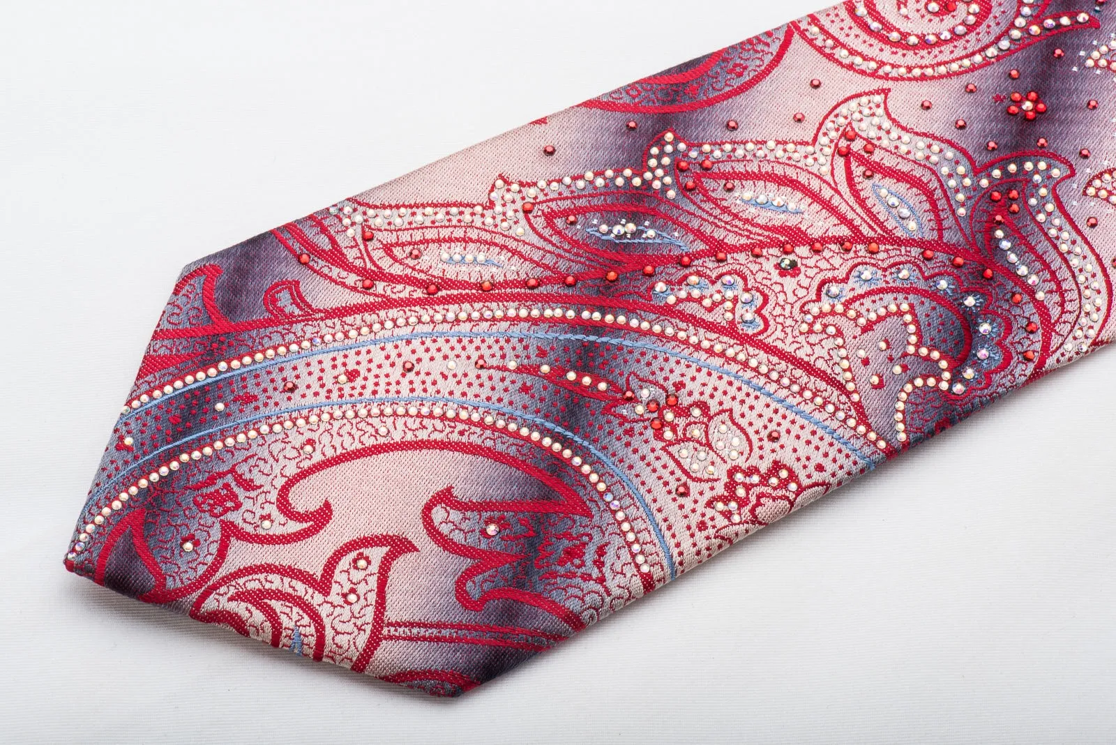 Renoma Men's Rhinestone Necktie Red Paisley On Silver With Sparkles