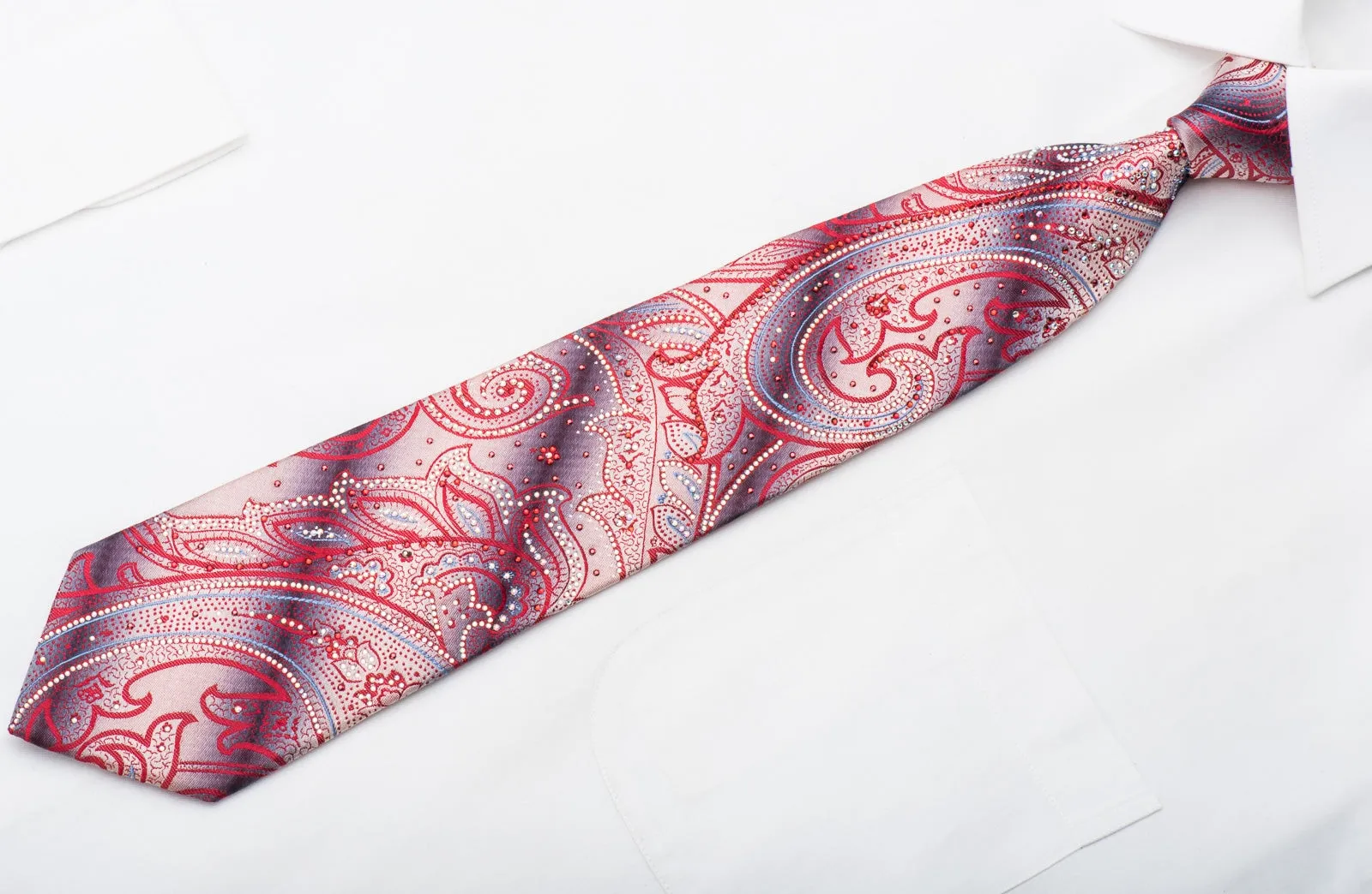 Renoma Men's Rhinestone Necktie Red Paisley On Silver With Sparkles