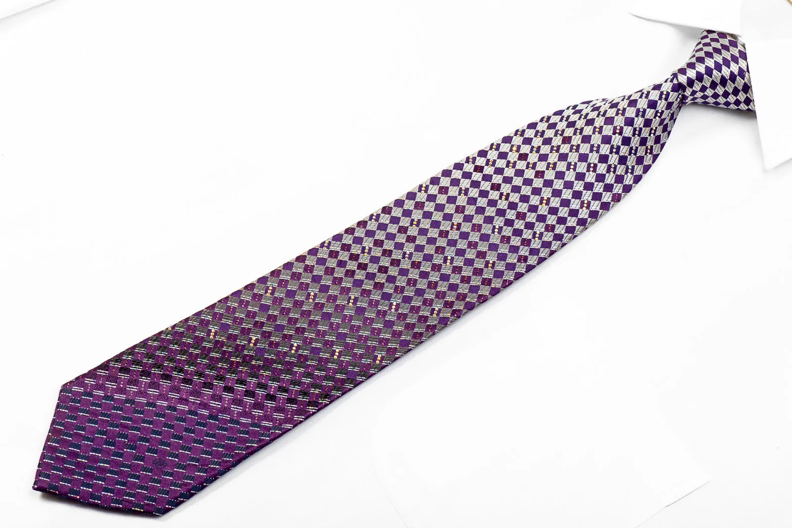 Renoma Men's Rhinestone Necktie Silver Purple Checkered With Silver Sparkles