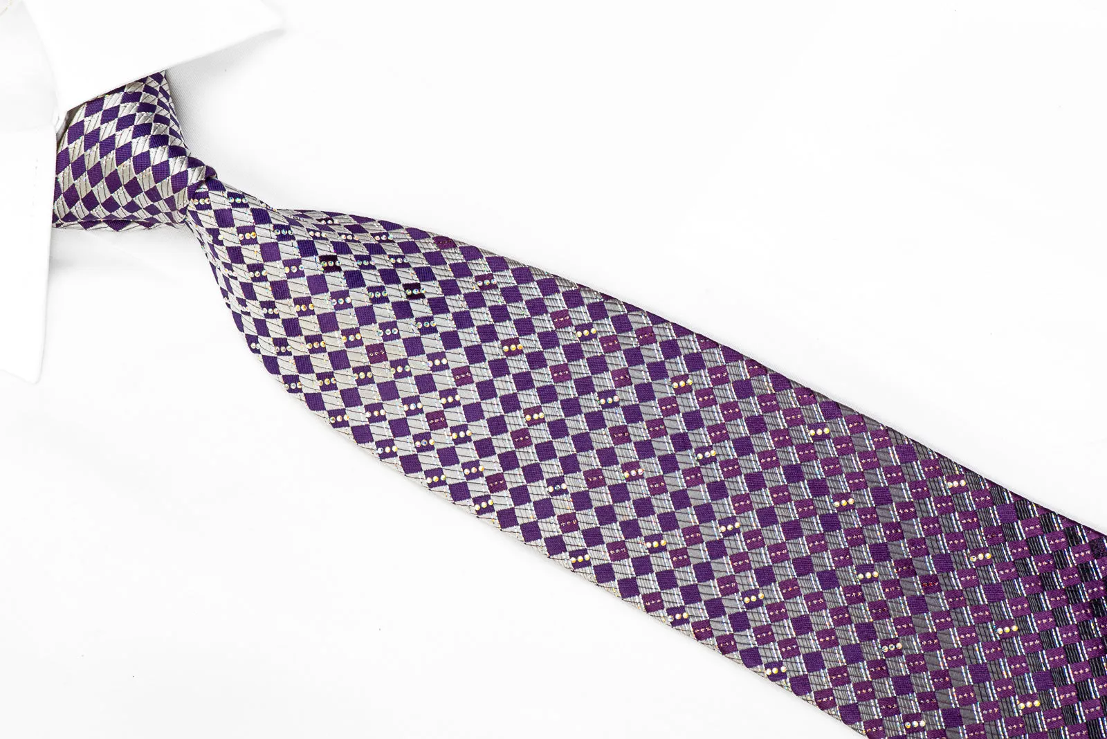 Renoma Men's Rhinestone Necktie Silver Purple Checkered With Silver Sparkles