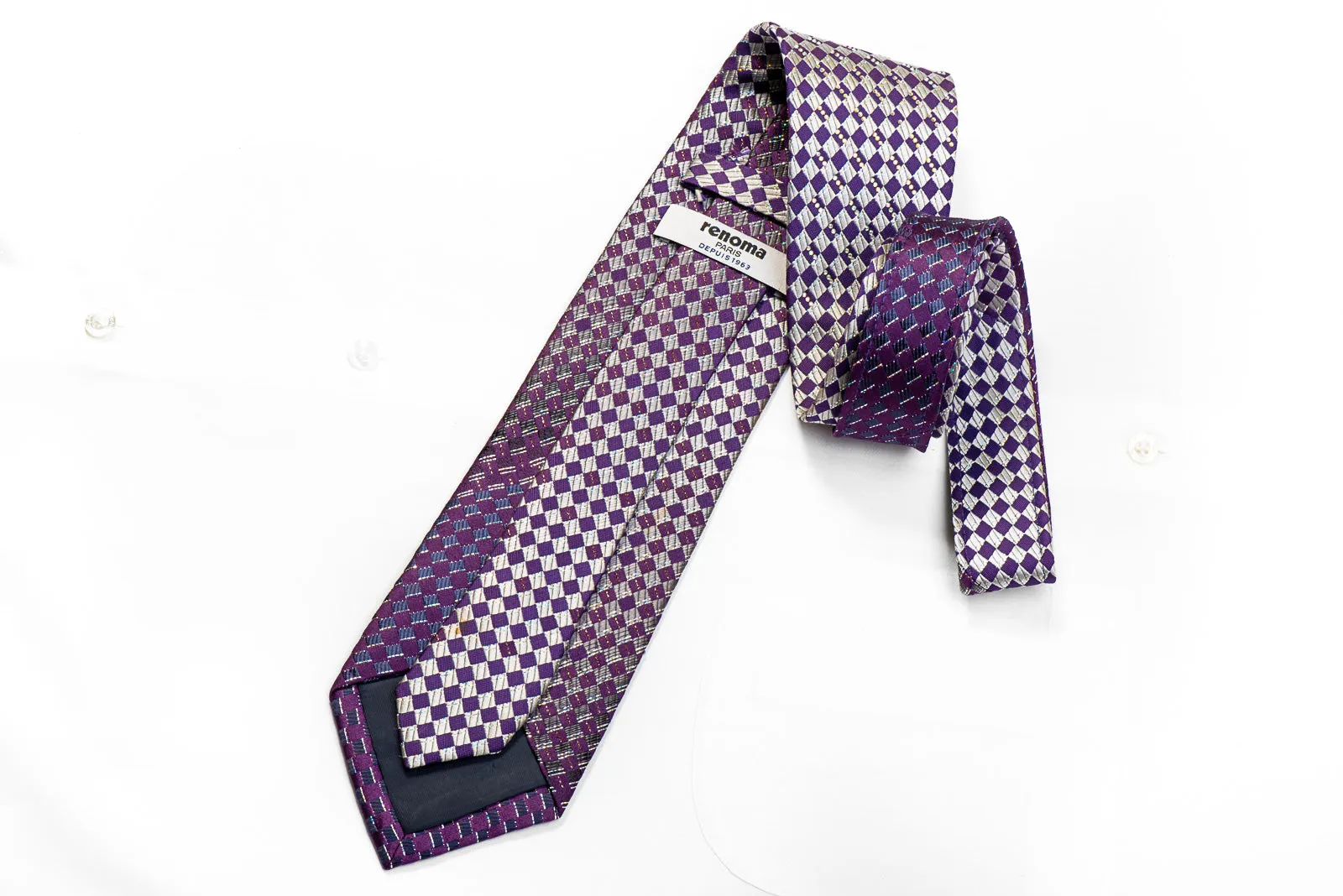 Renoma Men's Rhinestone Necktie Silver Purple Checkered With Silver Sparkles