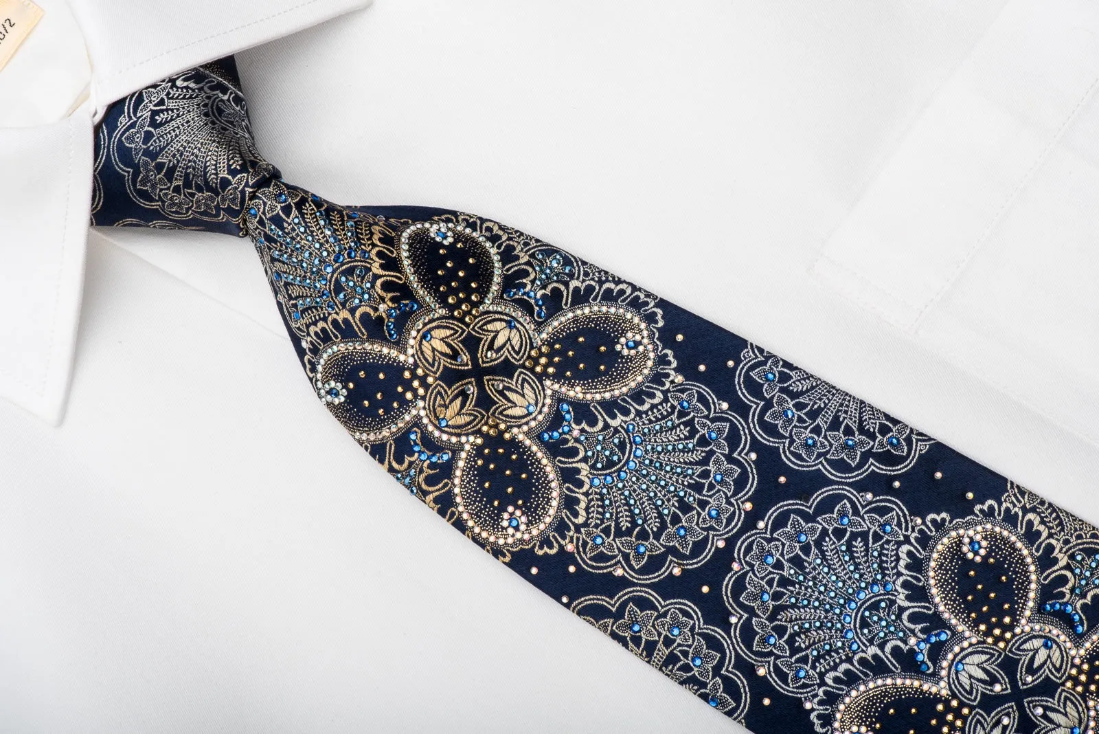 Renoma Men's Rhinestone Silk Necktie Anthemion On Navy With Gold Sparkles