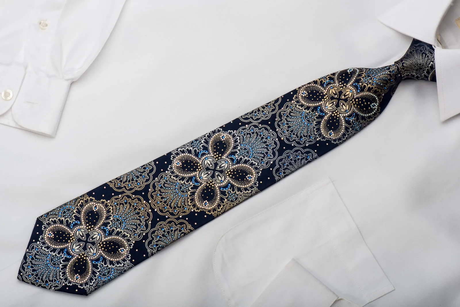 Renoma Men's Rhinestone Silk Necktie Anthemion On Navy With Gold Sparkles