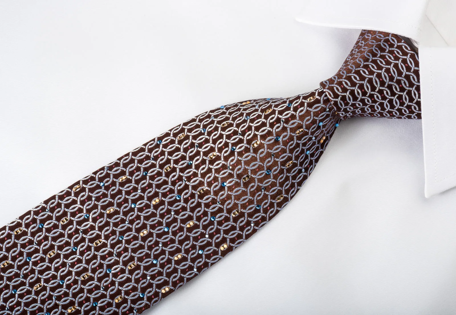 Renoma Rhinestone Silk Necktie Silver Blue Interlocking Circles On Brown With Sparkles