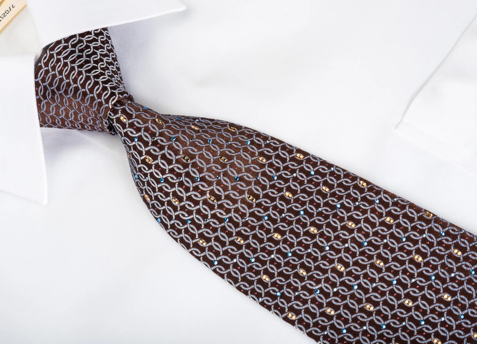 Renoma Rhinestone Silk Necktie Silver Blue Interlocking Circles On Brown With Sparkles