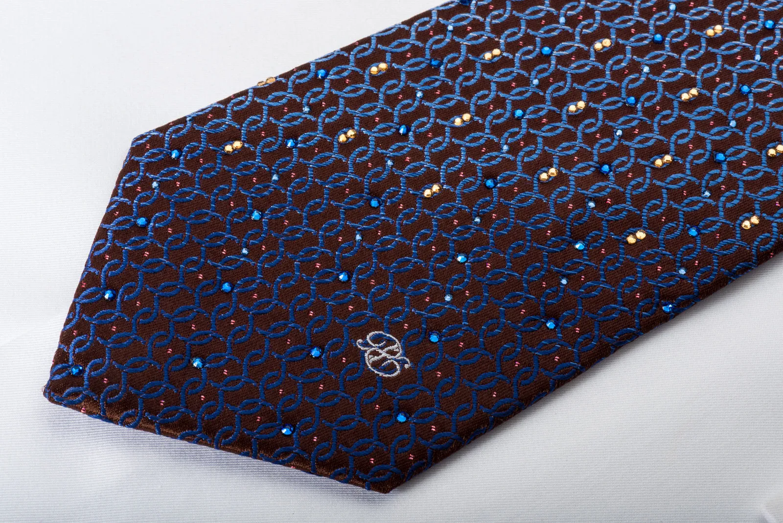 Renoma Rhinestone Silk Necktie Silver Blue Interlocking Circles On Brown With Sparkles