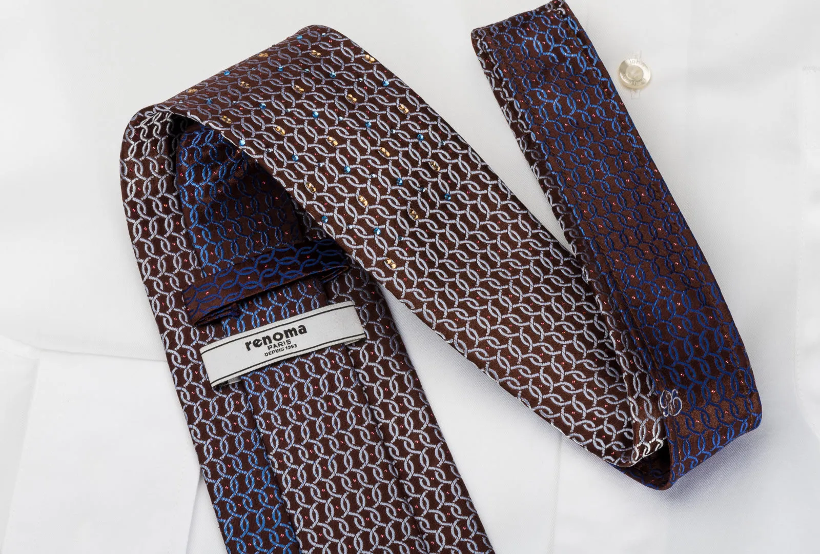 Renoma Rhinestone Silk Necktie Silver Blue Interlocking Circles On Brown With Sparkles