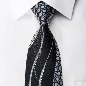 Renoma Silk Necktie Blue Waves On Black Sparkling With Rhinestones