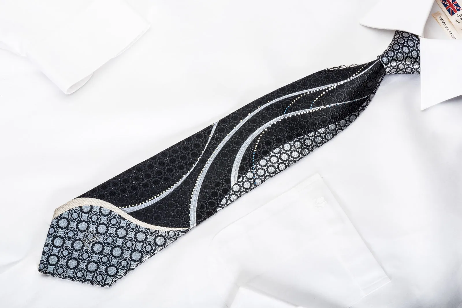 Renoma Silk Necktie Blue Waves On Black Sparkling With Rhinestones