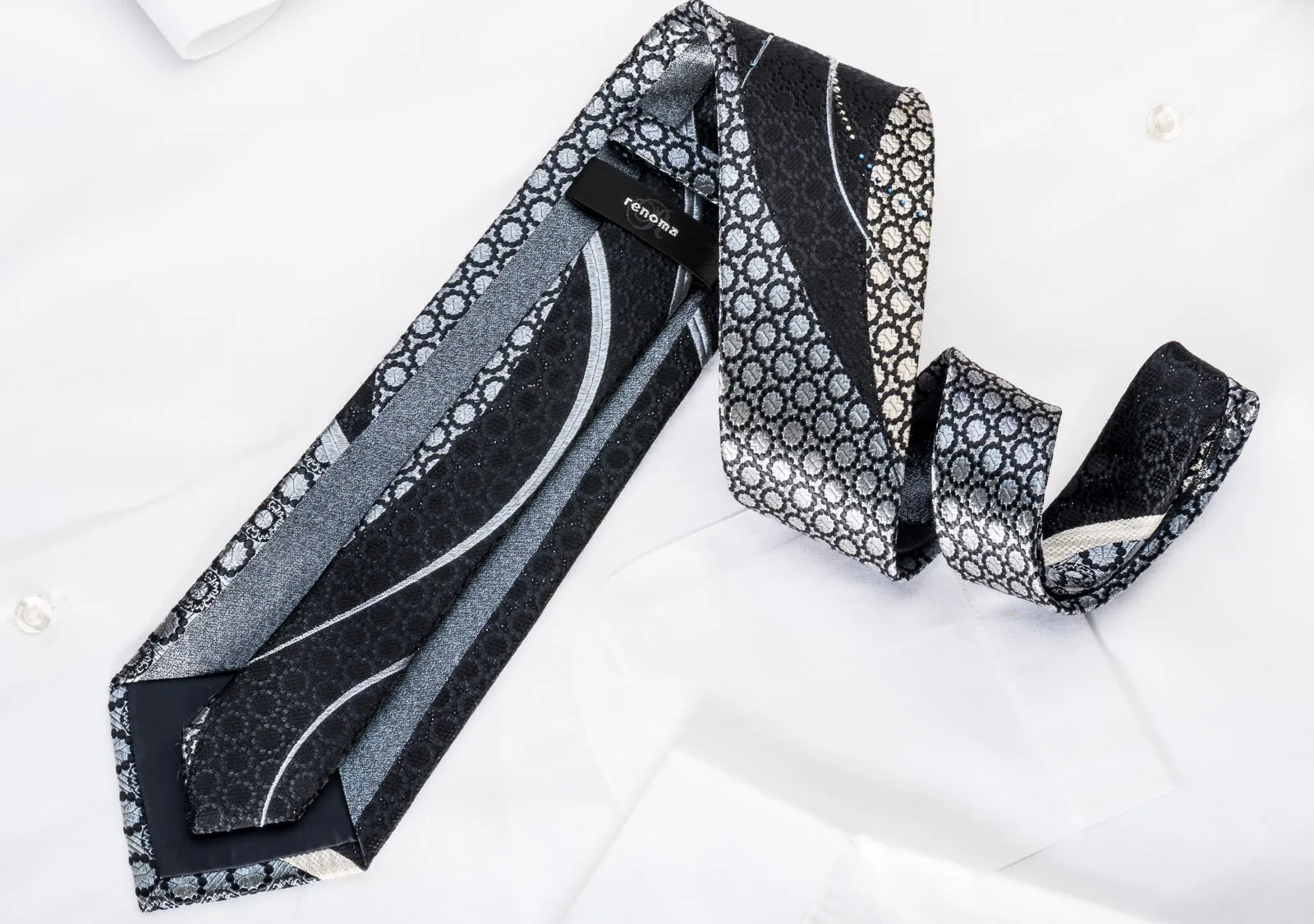 Renoma Silk Necktie Blue Waves On Black Sparkling With Rhinestones