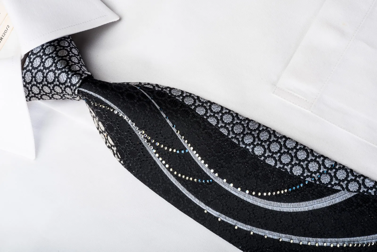 Renoma Silk Necktie Blue Waves On Black Sparkling With Rhinestones