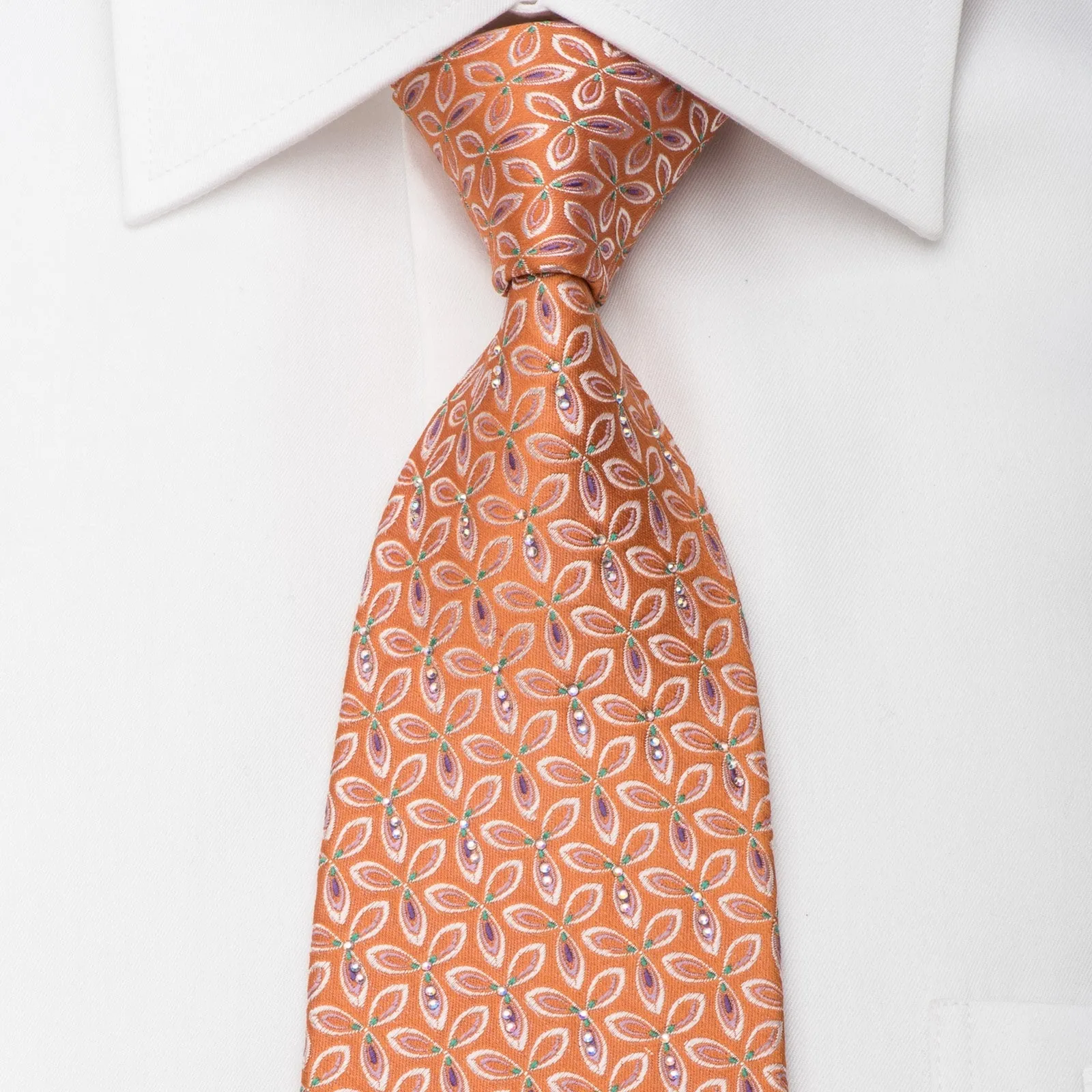 Renoma Silk Necktie Floral On Orange Sparkling With Rhinestones