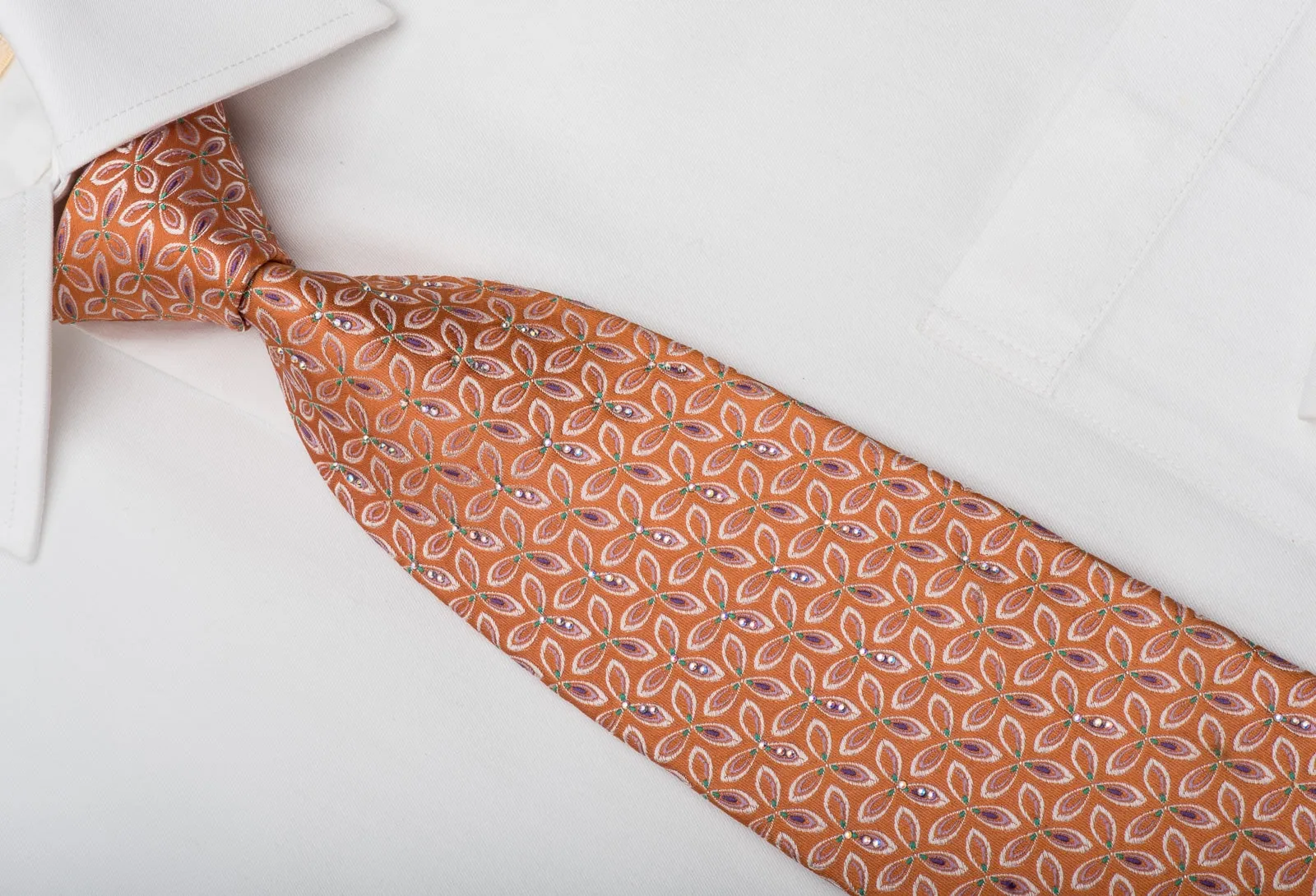 Renoma Silk Necktie Floral On Orange Sparkling With Rhinestones