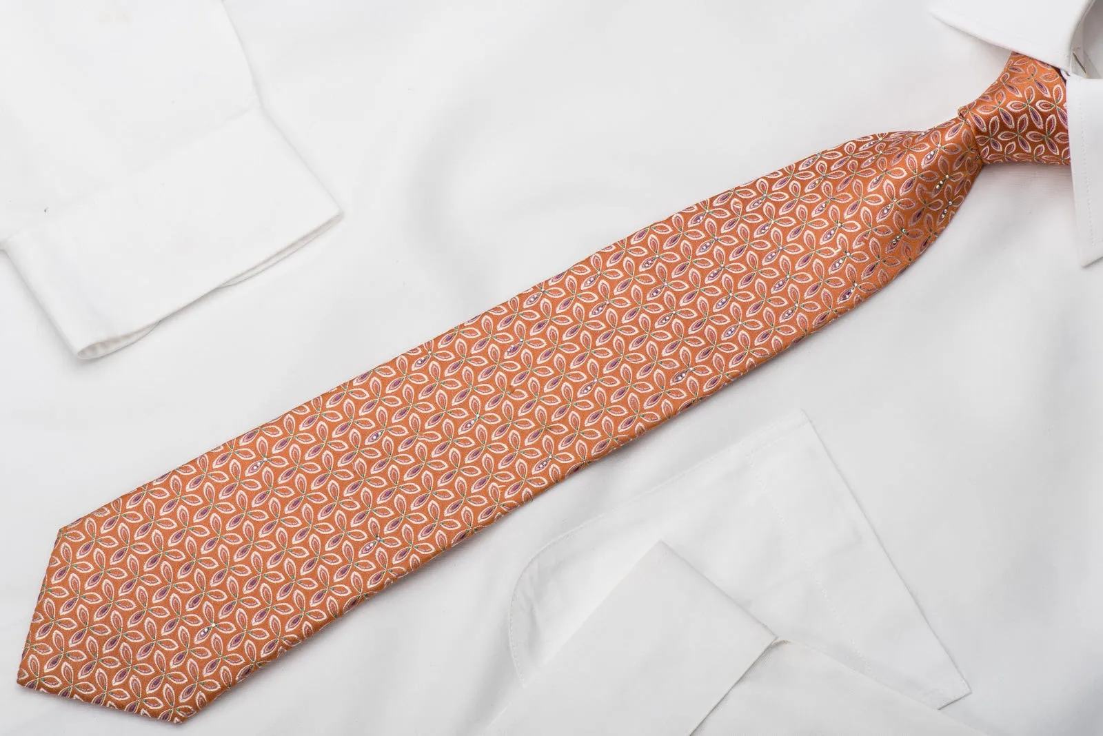 Renoma Silk Necktie Floral On Orange Sparkling With Rhinestones