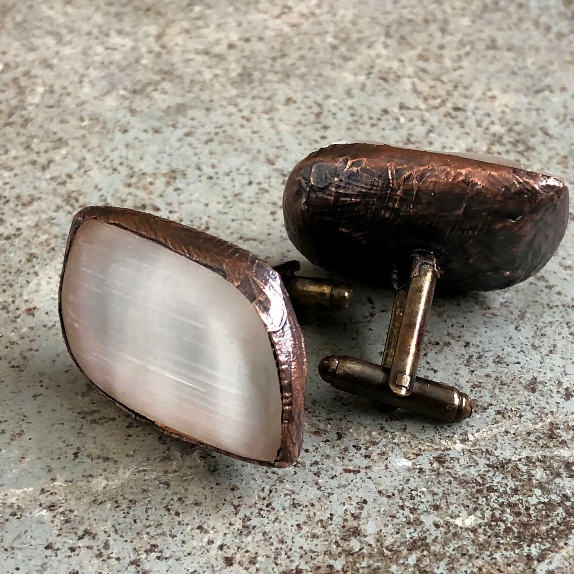 Selenite Electroformed Cufflinks, polished stone & copper cuff links