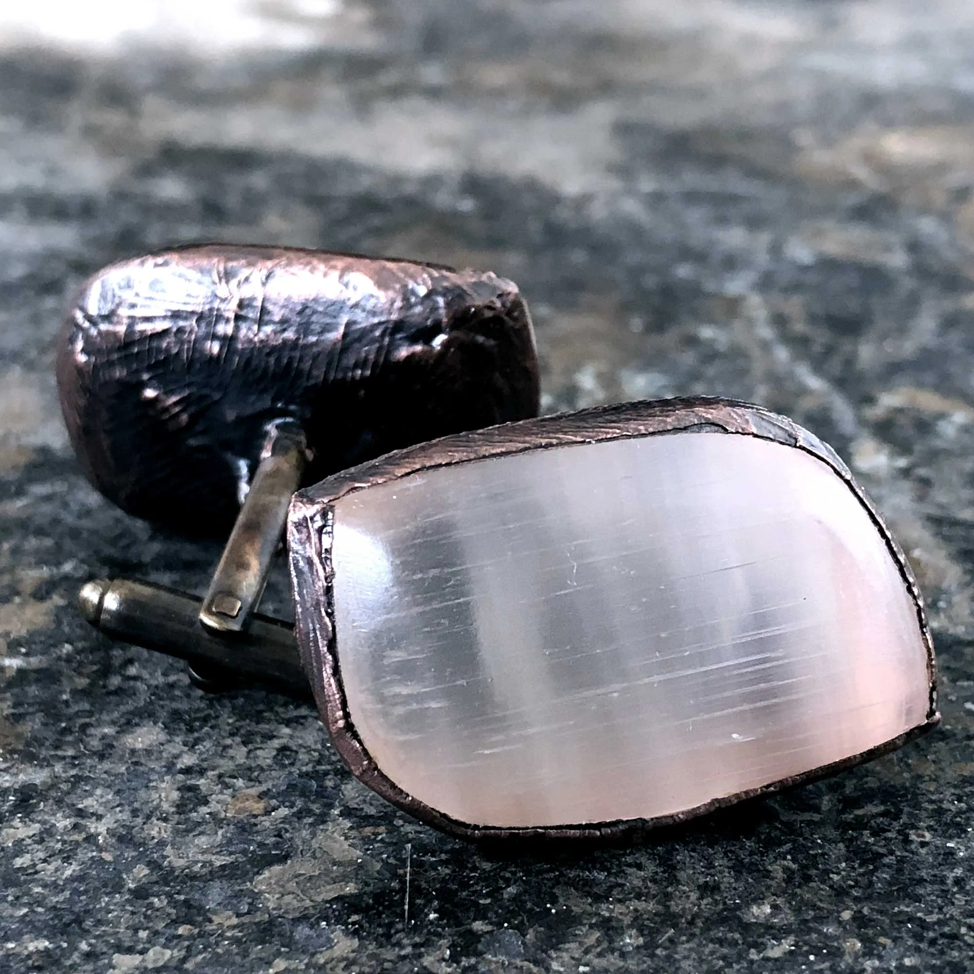 Selenite Electroformed Cufflinks, polished stone & copper cuff links