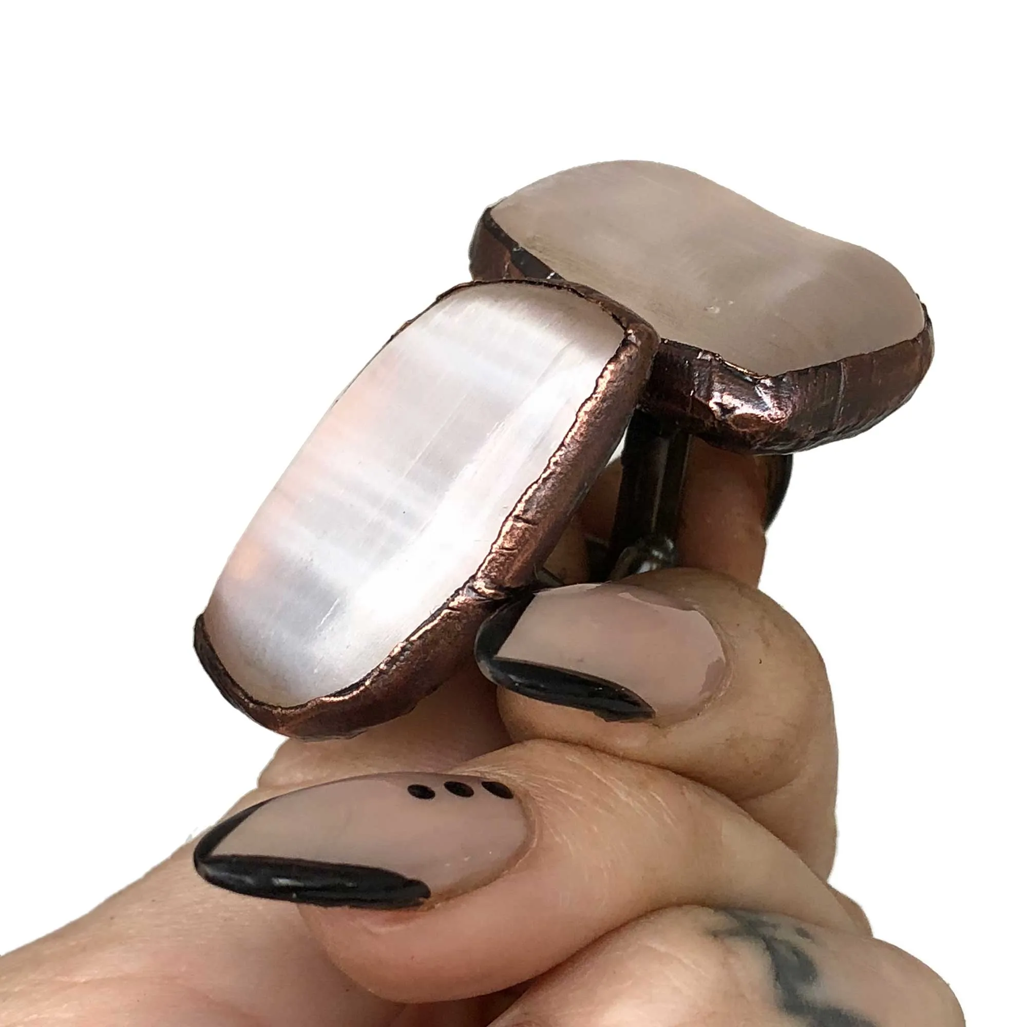 Selenite Electroformed Cufflinks, polished stone & copper cuff links