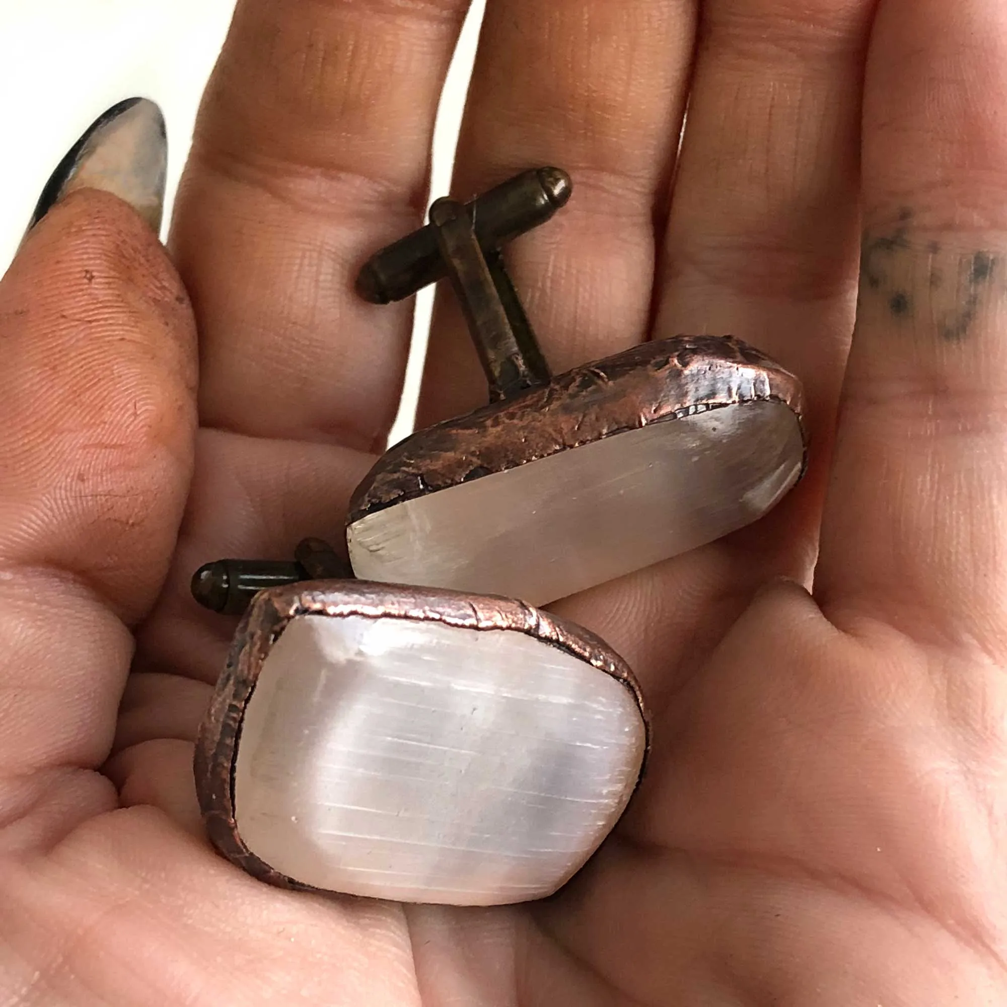 Selenite Electroformed Cufflinks, polished stone & copper cuff links