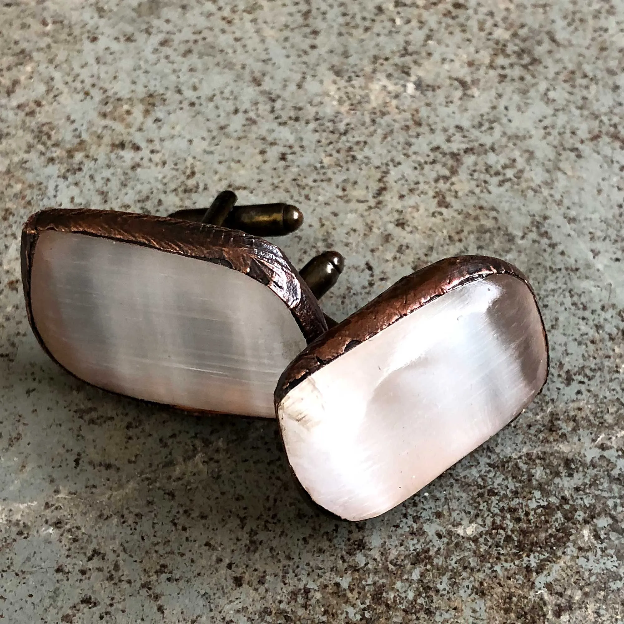 Selenite Electroformed Cufflinks, polished stone & copper cuff links