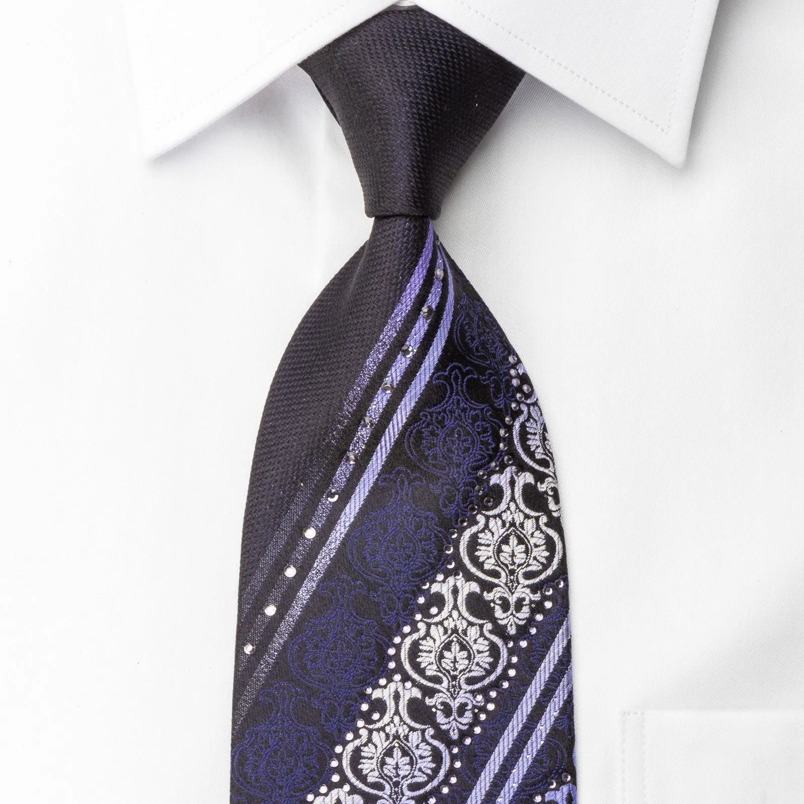 Silk Rhinestone Necktie Purple Damask On Navy With Silver Sparkles