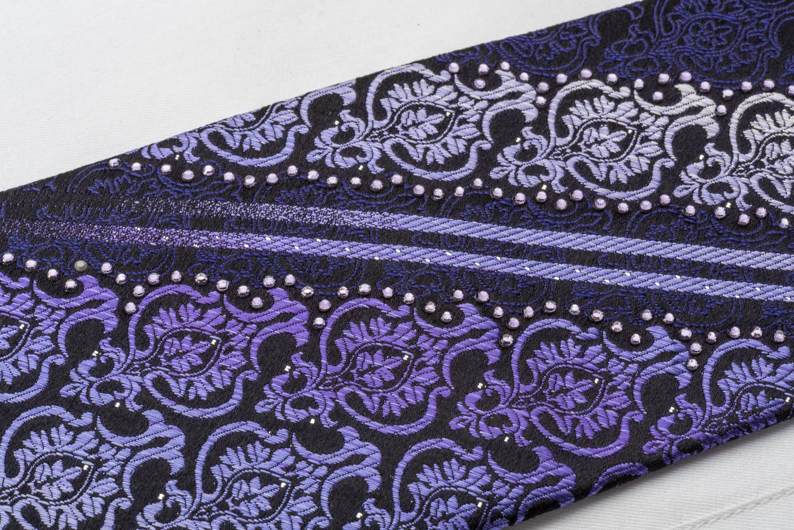 Silk Rhinestone Necktie Purple Damask On Navy With Silver Sparkles