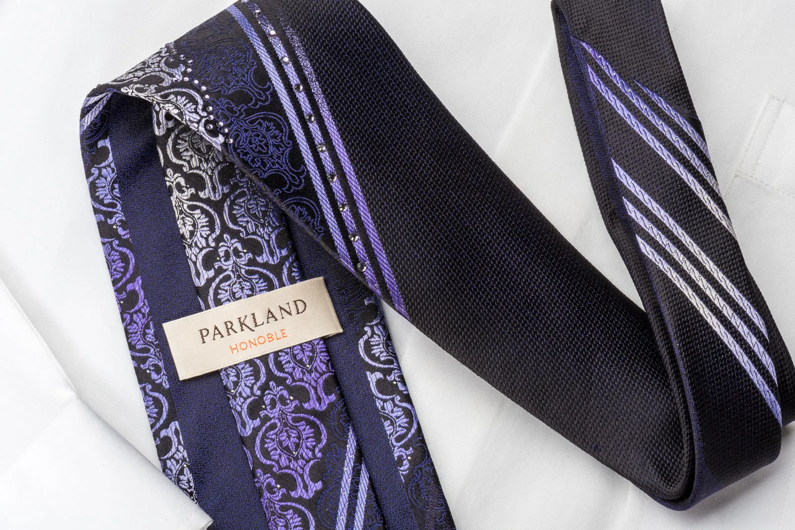 Silk Rhinestone Necktie Purple Damask On Navy With Silver Sparkles