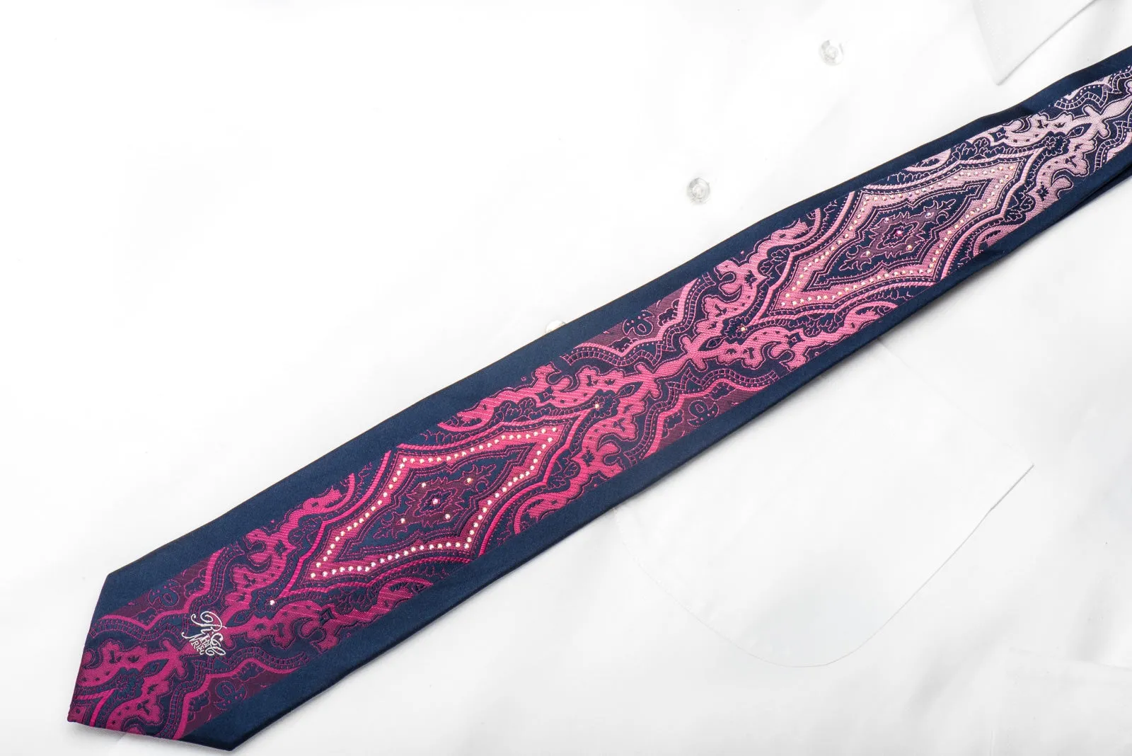 Silk Tie Purple Damask On Navy Sparkling With Crystal Rhinestones