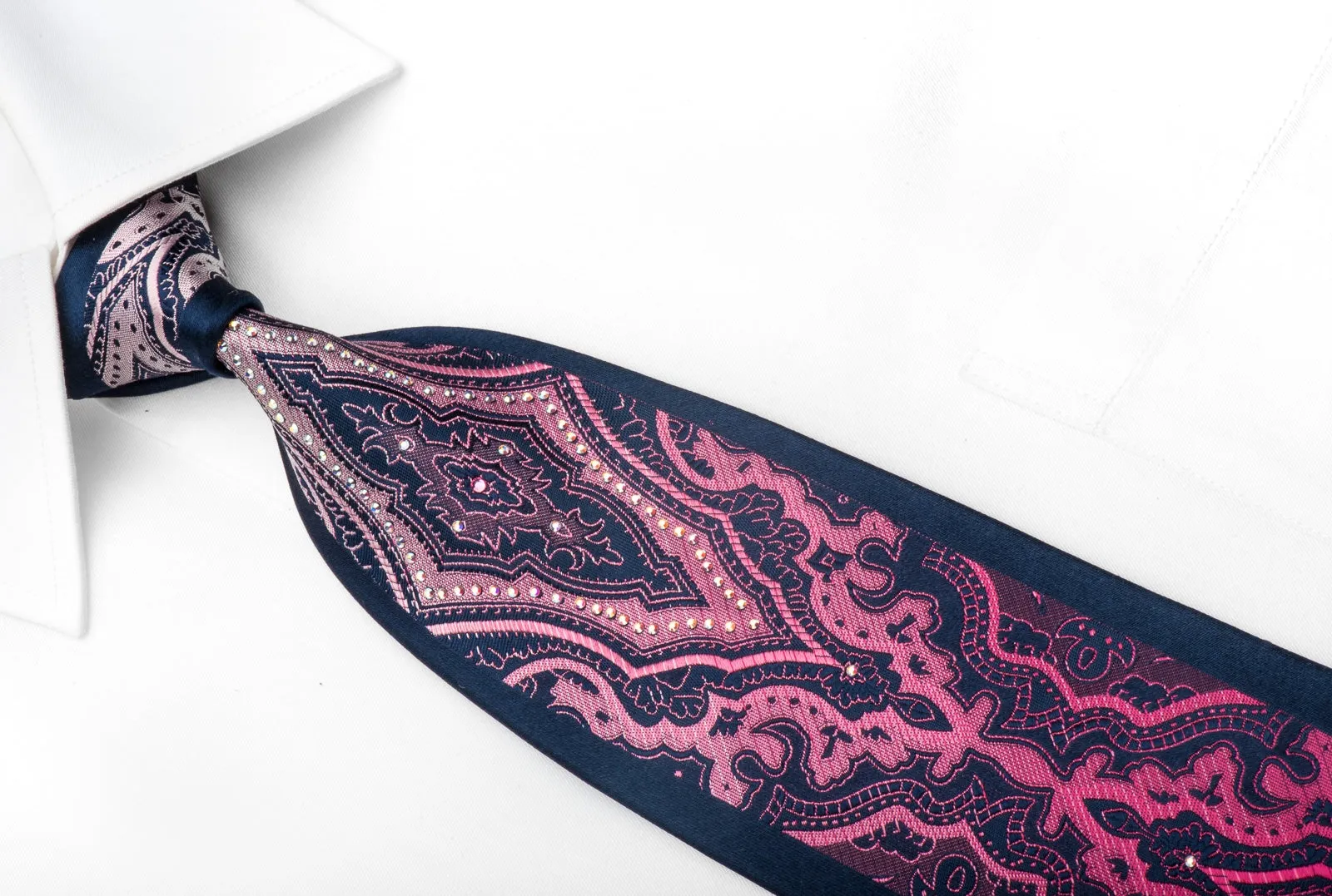 Silk Tie Purple Damask On Navy Sparkling With Crystal Rhinestones