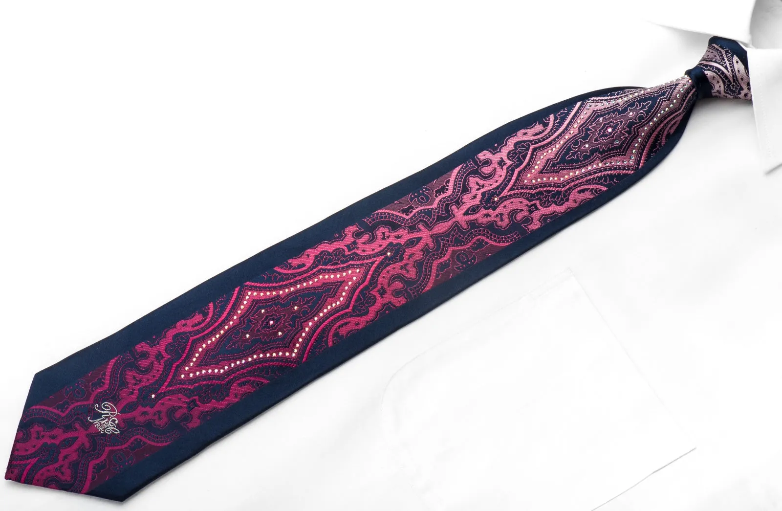 Silk Tie Purple Damask On Navy Sparkling With Crystal Rhinestones