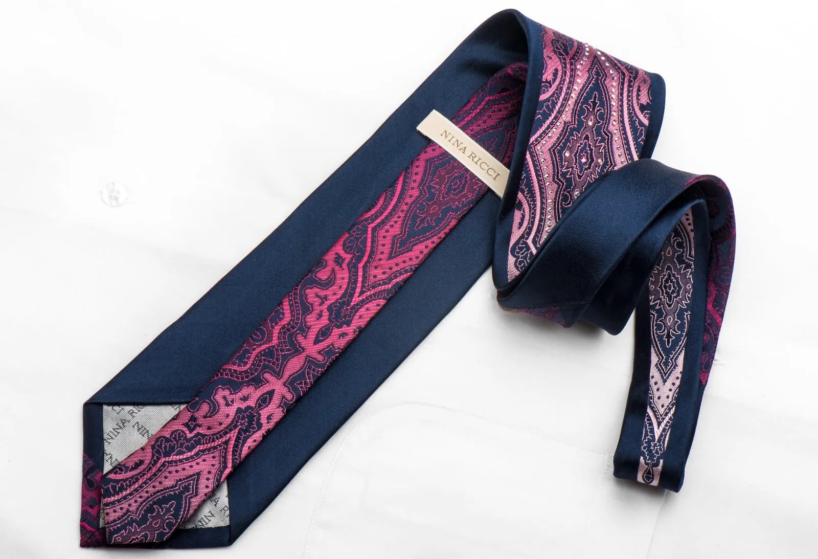 Silk Tie Purple Damask On Navy Sparkling With Crystal Rhinestones