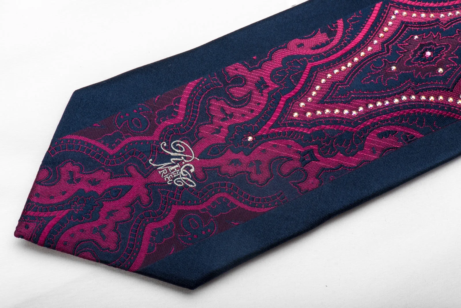 Silk Tie Purple Damask On Navy Sparkling With Crystal Rhinestones