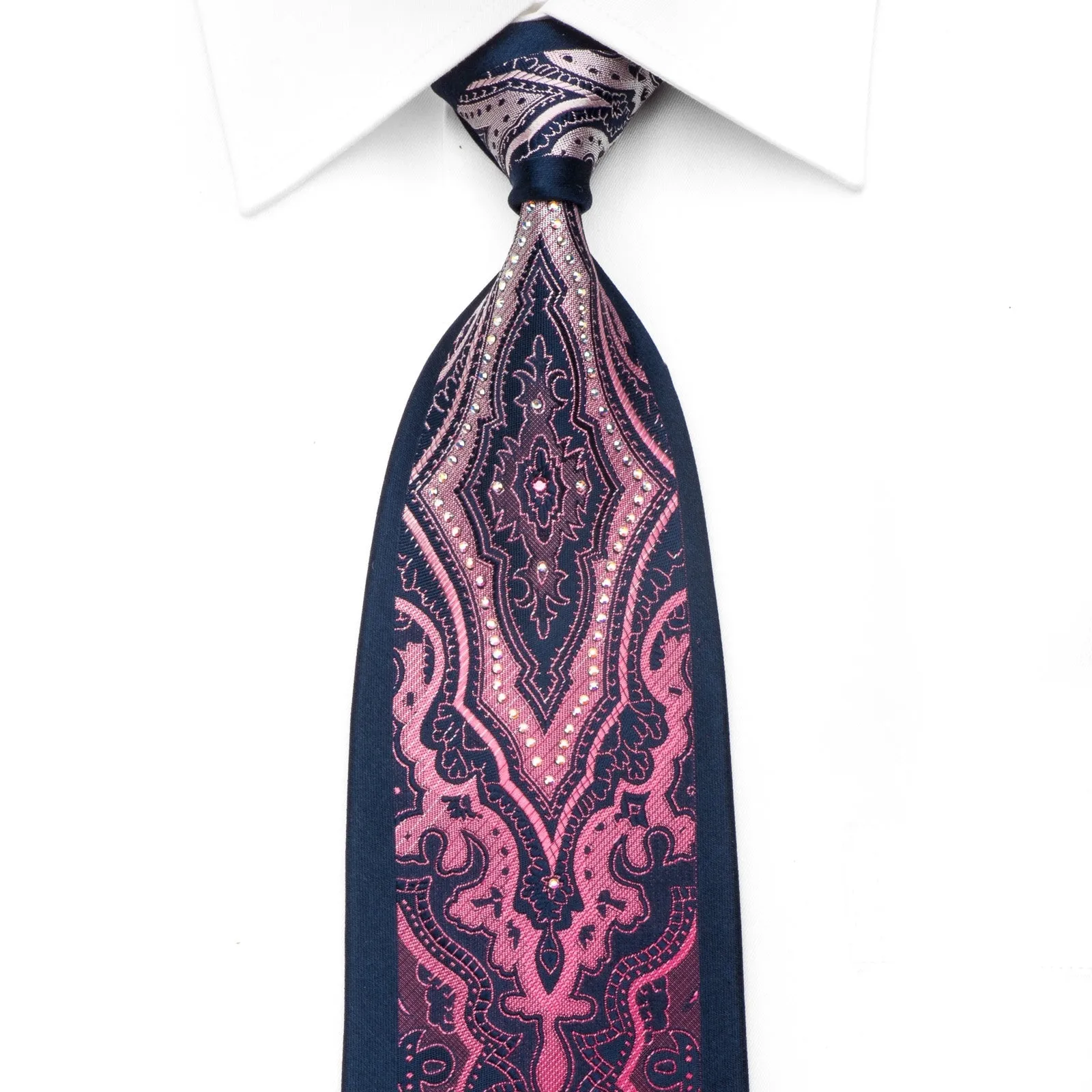 Silk Tie Purple Damask On Navy Sparkling With Crystal Rhinestones