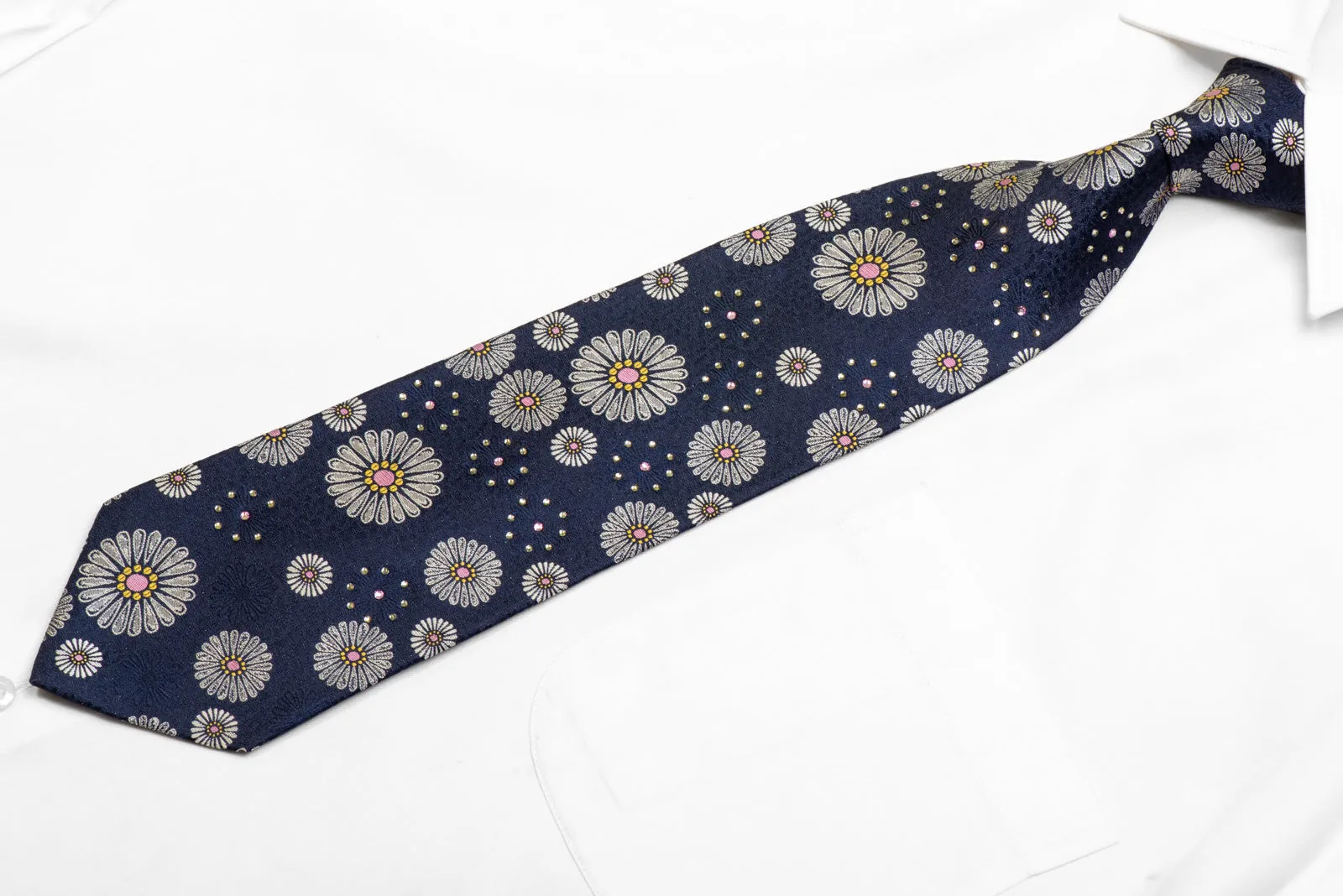 Silver Floral On Blue Rhinestone Silk Necktie