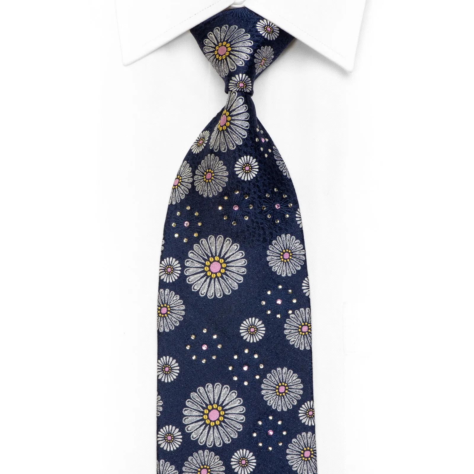 Silver Floral On Blue Rhinestone Silk Necktie